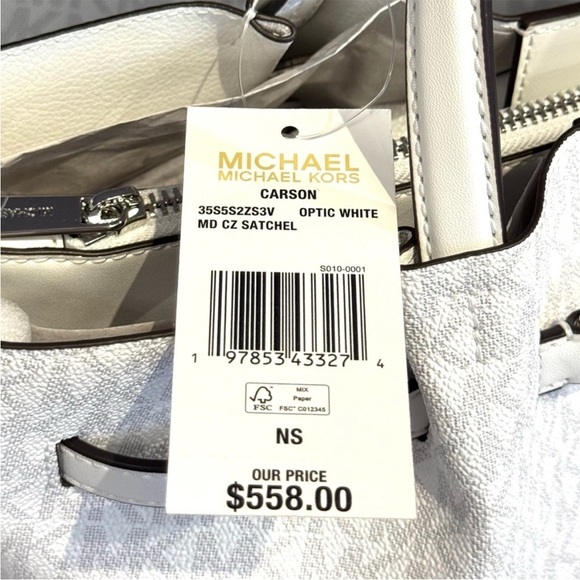 Michael Kors Carson Medium Signature Logo Satchel Bag Optic White - Picture 9 of 9